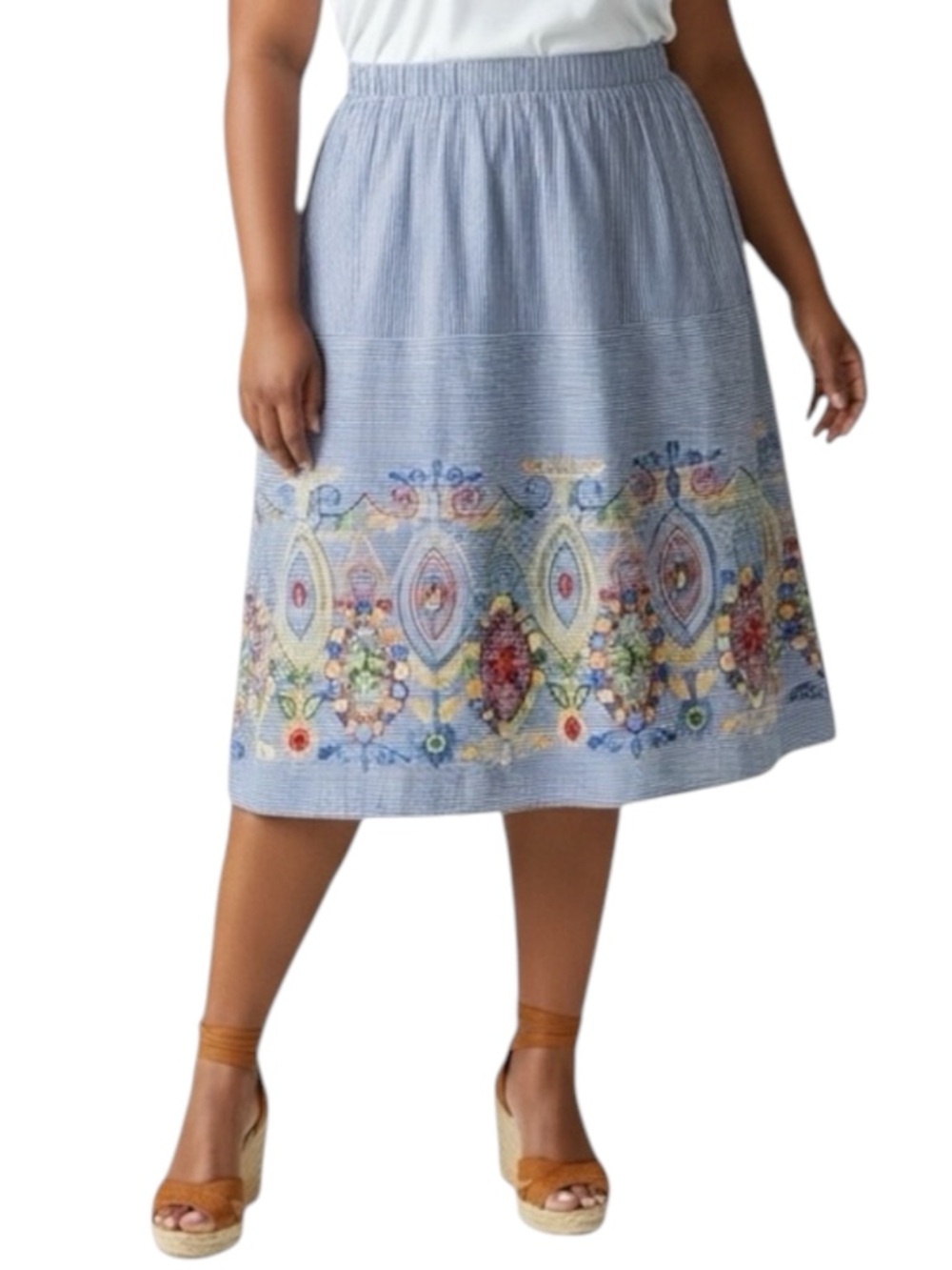MAGIC Blue Striped Midi Skirt with Embroidered Floral Border Size 3X — NWT!!!